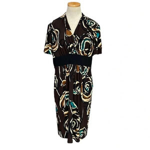 Evan-Picone Dress Womens 14 Brown Tan Floral V-Neck Short Sleeve Sheath Midi